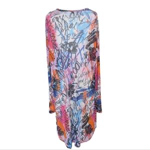 Rainbow sheer mesh, graffiti art, colorful Hi-lo, asymmetric swim cover. 3X
